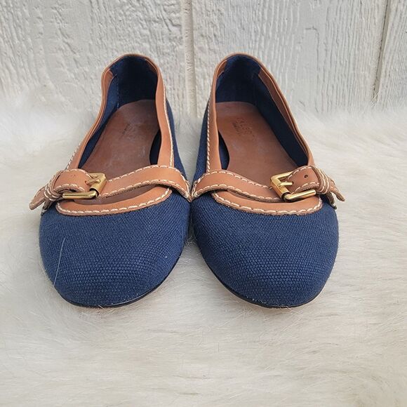 Talbots Ballet Flats Navy/Brown Canvas Leather Buckle Flats Women's Size 8B - Picture 1 of 7